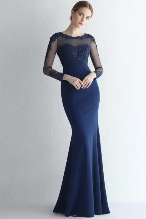 Navy Blue Long Sleeve Floral Design Lace Embroidery Maxi Length Dresses