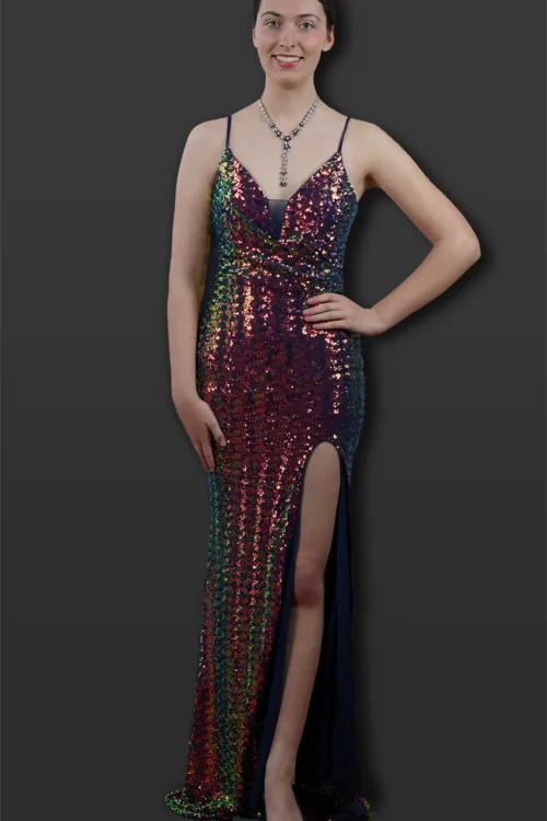 Spaghetti Strap V-neck Iridescent Blue Sequin Cocktail Dress
