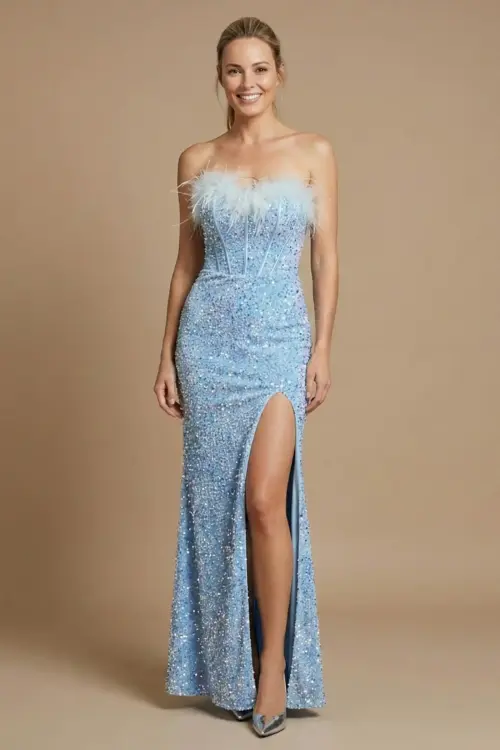 Women’s High-End Sequin Sleeveless Maxi Dress – Fishbone Vest Design with Hand-Beaded Ostrich Plush Hem