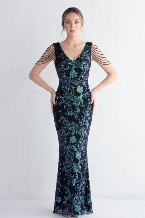 2026 Luxury Sequin Mermaid Evening Gown – Beaded Shoulder Fringe & Intricate Floral Embellishments – Formal Gala & Red Carpet Dress