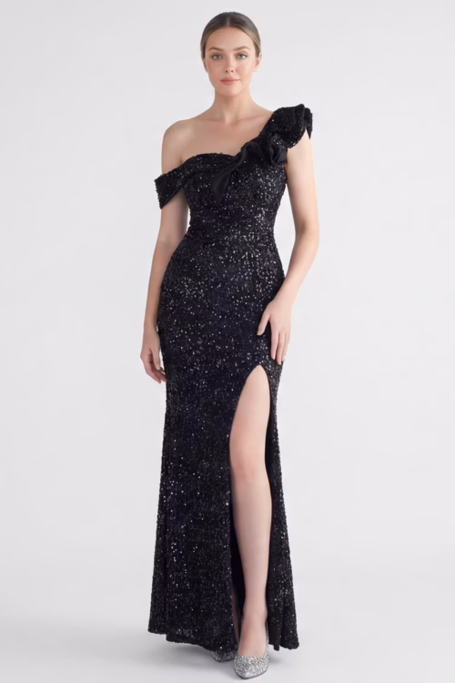 The Seraphina One-Shoulder Sequin Gown with Sculpted Ruffle & High Slit